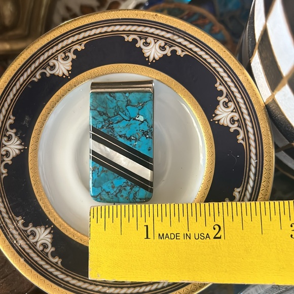 Vintage Inlaid Turquoise Black Onyx & MOP Money Clip - Picture 7 of 8